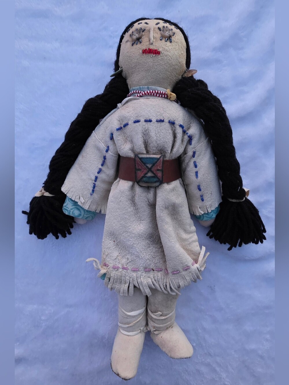 Handmade Beige Plush Doll with Black Yarn Hair - Traditional Style